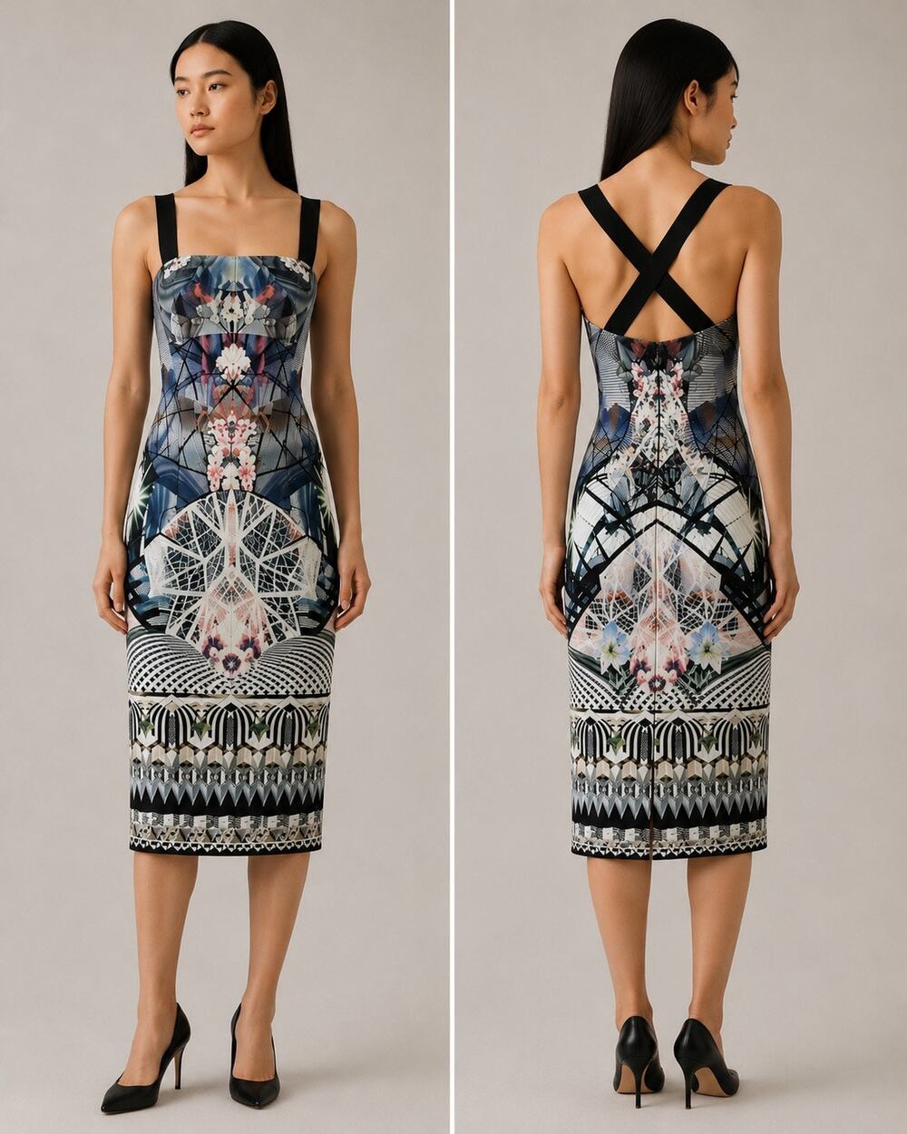 Black Halo Geometric Floral Crisscross Back Midi Dress Size 2
